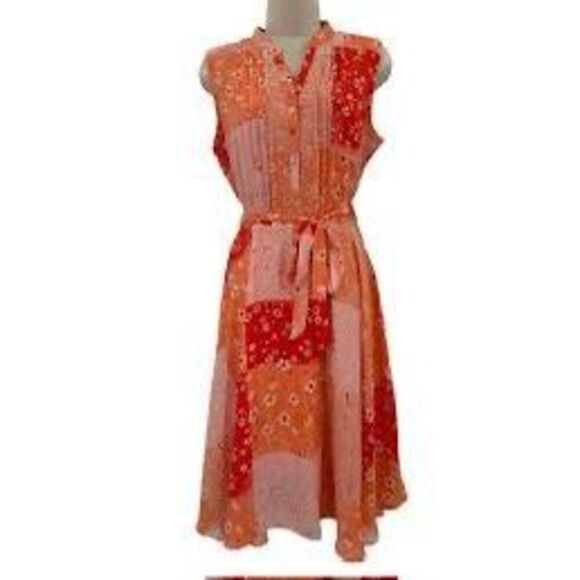 Nanette Lepore 8 Sleeveless Belted Shirt Dress Orange Patchwork Floral Chiffon - Picture 3 of 15